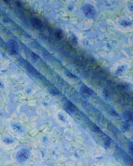 Baby Blue Floral Synthetic Organza Fabric - 110 cm Width, Made in India-D19646