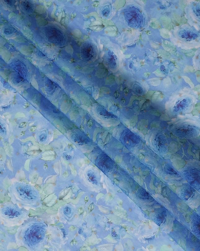 Baby Blue Floral Synthetic Organza Fabric - 110 cm Width, Made in India-D19646