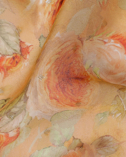 Peach and Orange Floral Synthetic Organza Fabric - 110 cm Width, Made in India-D19647