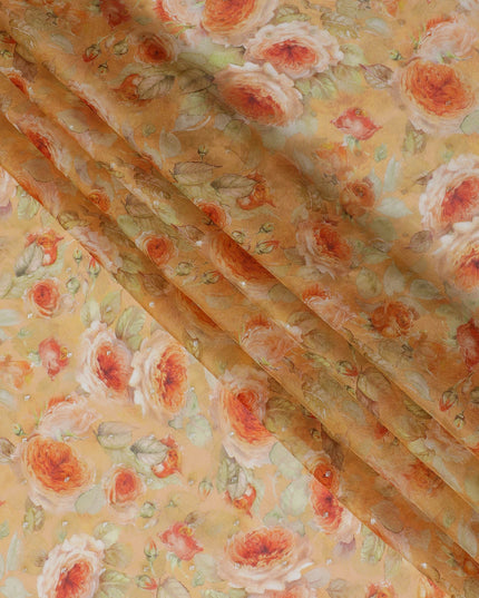 Peach and Orange Floral Synthetic Organza Fabric - 110 cm Width, Made in India-D19647