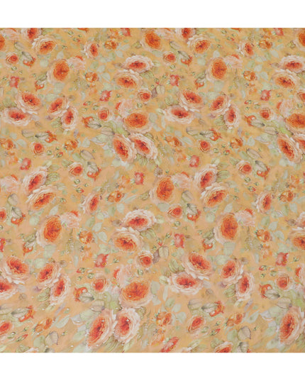 Peach and Orange Floral Synthetic Organza Fabric - 110 cm Width, Made in India-D19647