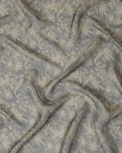 Gray and Gold Floral Synthetic Organza Fabric - 110 cm Width, Made in India-D19648