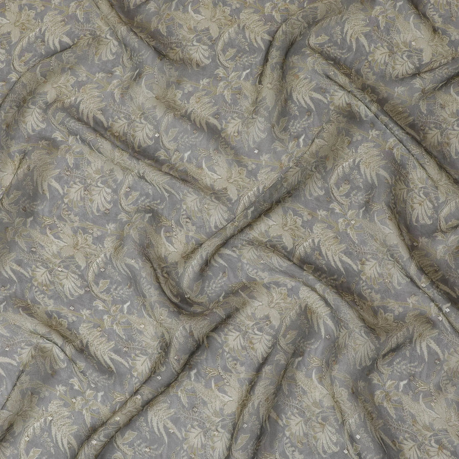 Gray and Gold Floral Synthetic Organza Fabric - 110 cm Width, Made in India-D19648 Regal Fabrics