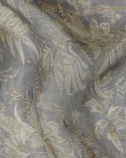 Gray and Gold Floral Synthetic Organza Fabric - 110 cm Width, Made in India-D19648