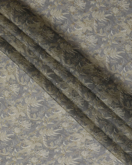 Gray and Gold Floral Synthetic Organza Fabric - 110 cm Width, Made in India-D19648