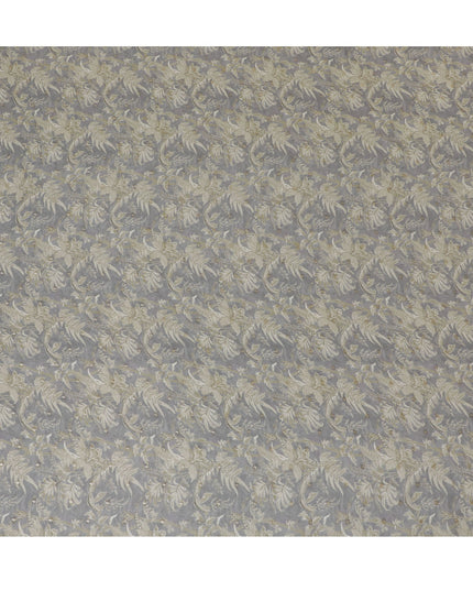 Gray and Gold Floral Synthetic Organza Fabric - 110 cm Width, Made in India-D19648