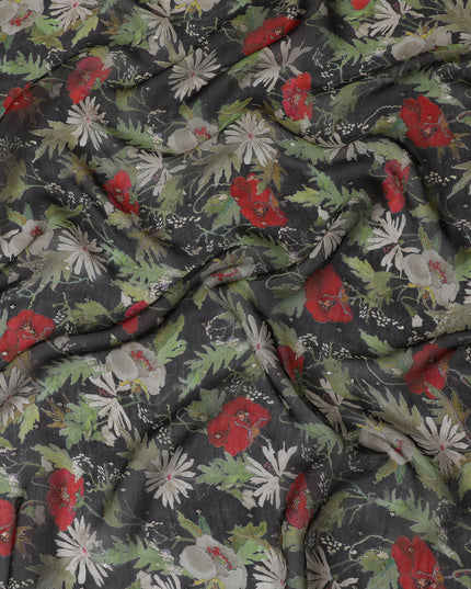 Black Floral Synthetic Organza Fabric - 110 cm Width, Made in India-D19650