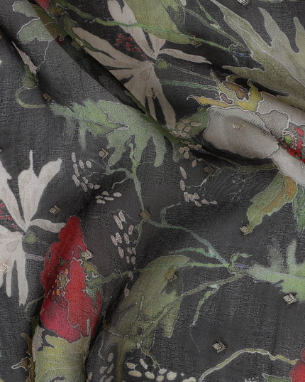 Black Floral Synthetic Organza Fabric - 110 cm Width, Made in India-D19650