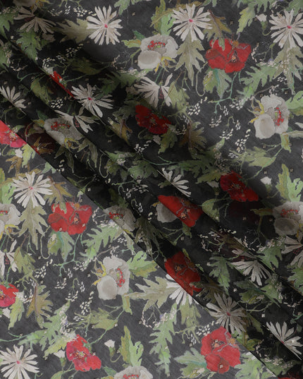 Black Floral Synthetic Organza Fabric - 110 cm Width, Made in India-D19650