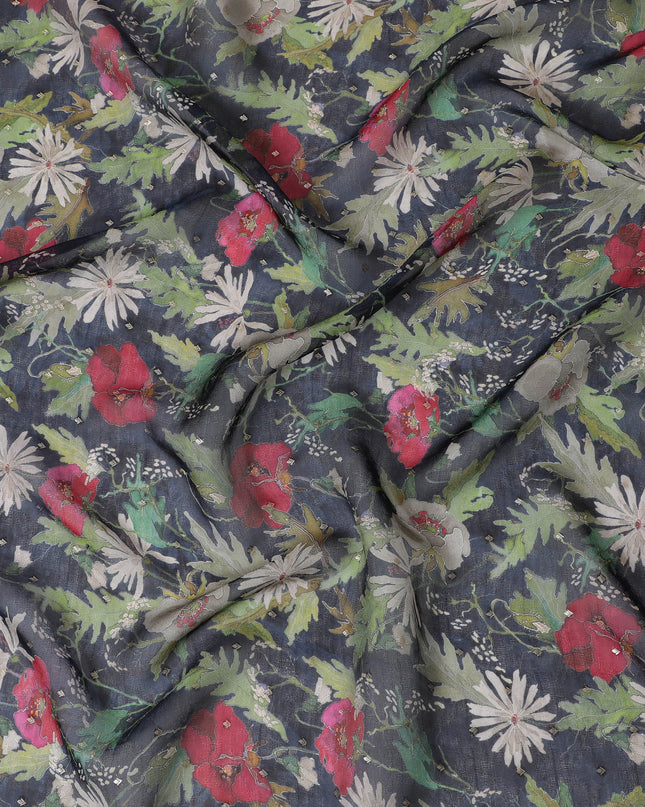 Dark Blue and Red Floral Synthetic Organza Fabric - 110 cm Width, Made in India-D19651