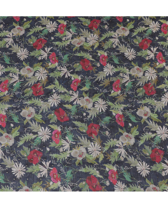 Dark Blue and Red Floral Synthetic Organza Fabric - 110 cm Width, Made in India-D19651