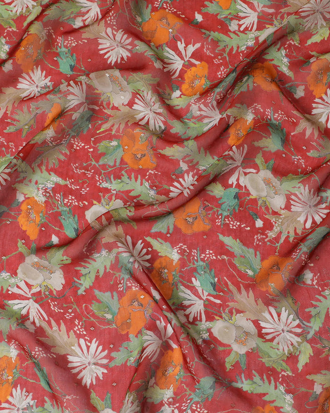 Red and Orange Floral Synthetic Organza Fabric - 110 cm Width, Made in India-D19652