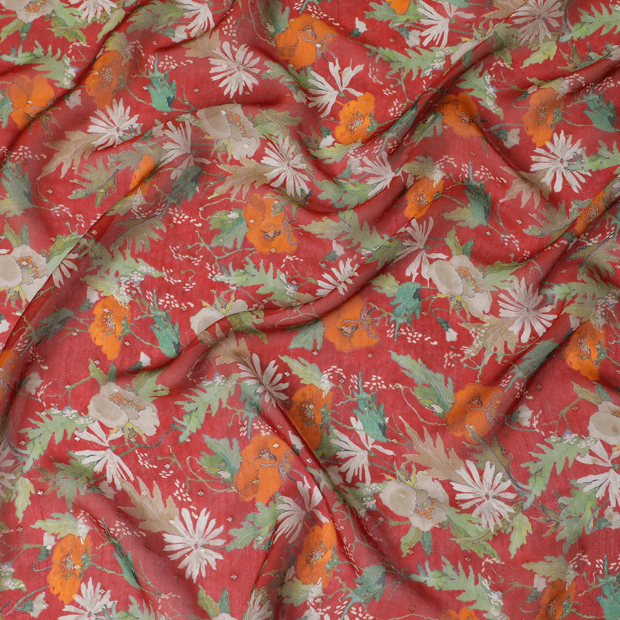 Red and Orange Floral Synthetic Organza Fabric - 110 cm Width, Made in India-D19652