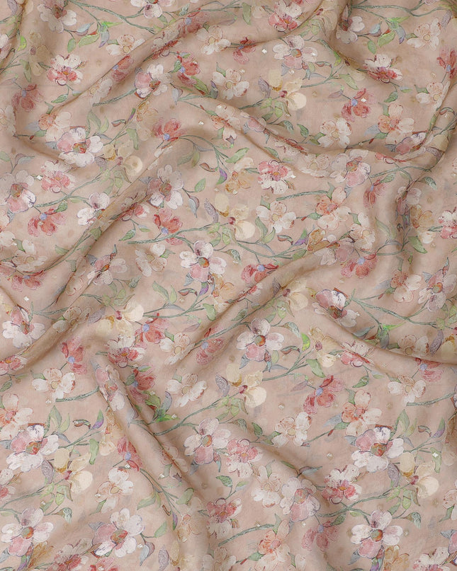 Blush Pink Floral Synthetic Organza Fabric - 110 cm Width, Made in India-D19653