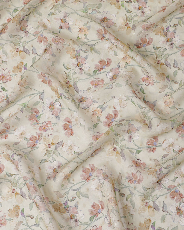 Ivory and Peach Floral Synthetic Organza Fabric - 110 cm Width, Made in India-D19654