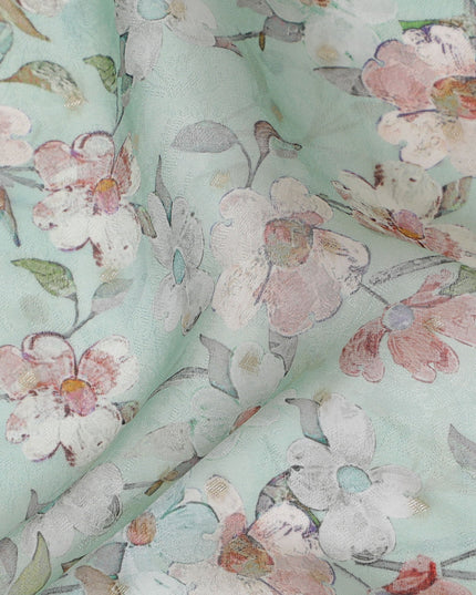 Aqua Blue and Pink Floral Synthetic Organza Fabric - 110 cm Width, Made in India-D19655