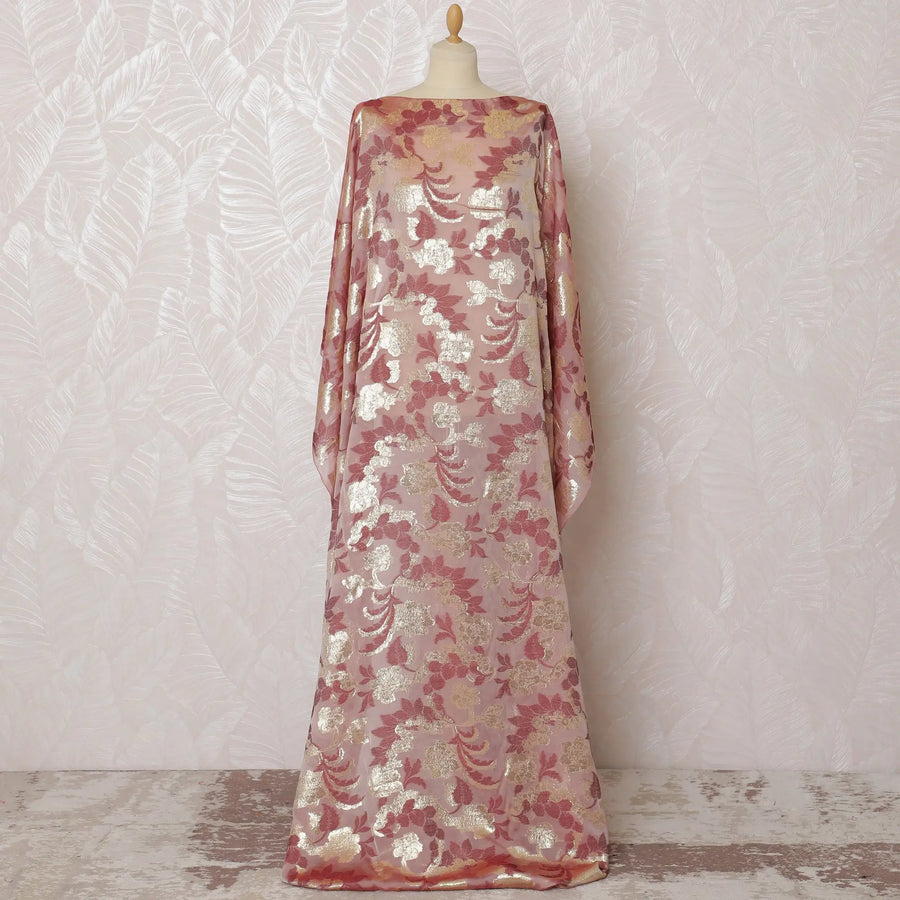 Elegant Rose Gold Floral French (Fransawi) Silk Chiffon Somali dirac Fabric with Metallic Lurex, 140 cm Width X 3.5 Mtrs-D19681 Regal Fabrics