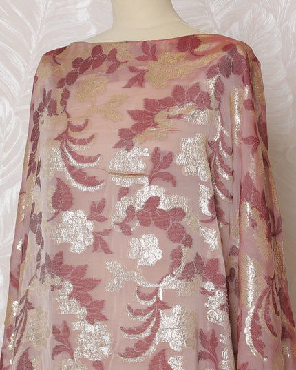 Elegant Rose Gold Floral French (Fransawi) Silk Chiffon Somali dirac Fabric with Metallic Lurex, 140 cm Width X 3.5 Mtrs-D19681