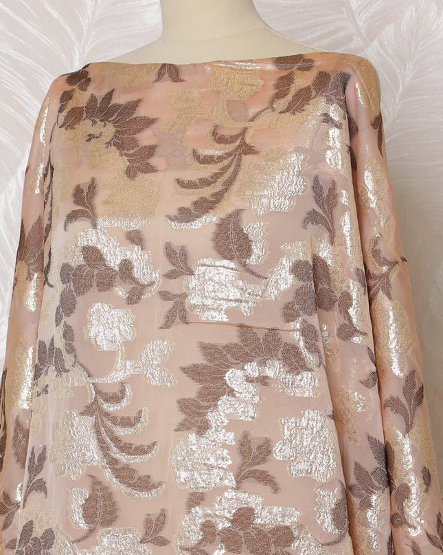 Luxurious Champagne Peach Floral French (Fransawi) Somali Dirac Silk Chiffon Fabric with Metallic Lurex, 140 cm Width-D19682