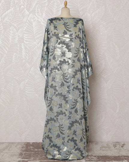 Exquisite Silver Blue Floral French (Fransawi) Somali Dirac Silk Chiffon Fabric with Metallic Lurex, 140 cm Width-D19683