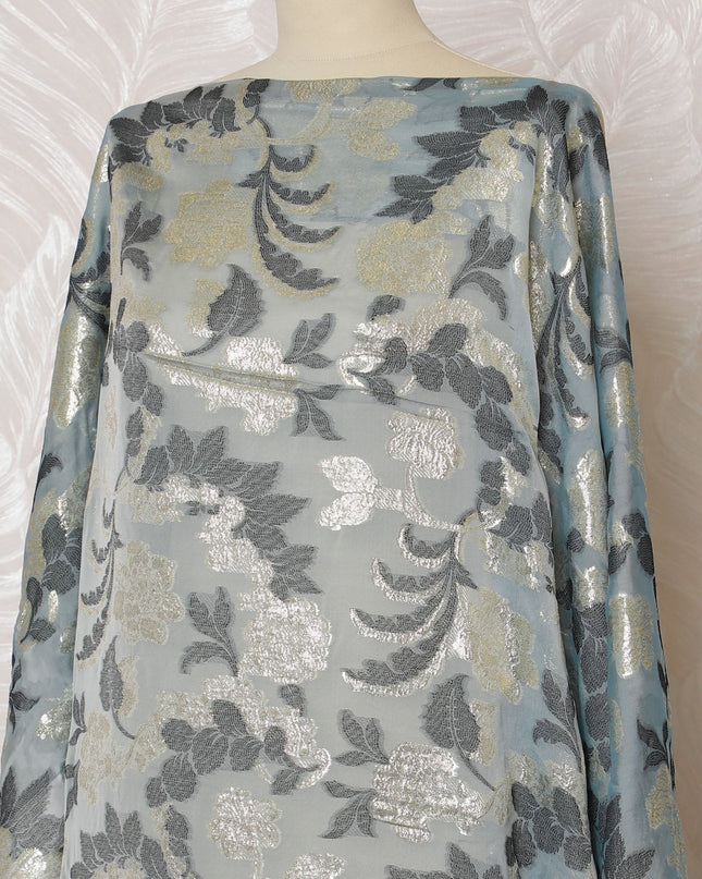 Exquisite Silver Blue Floral French (Fransawi) Somali Dirac Silk Chiffon Fabric with Metallic Lurex, 140 cm Width-D19683