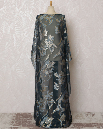 Elegant Teal Floral French (Fransawi) Somali Dirac Silk Chiffon Fabric with Metallic Lurex, 140 cm Width-D19684