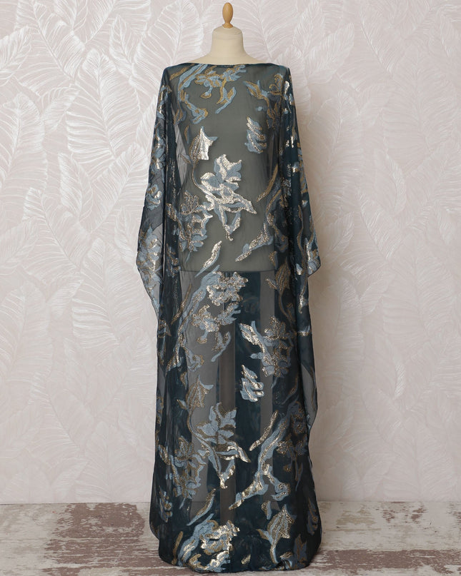 Elegant Teal Floral French (Fransawi) Somali Dirac Silk Chiffon Fabric with Metallic Lurex, 140 cm Width-D19684