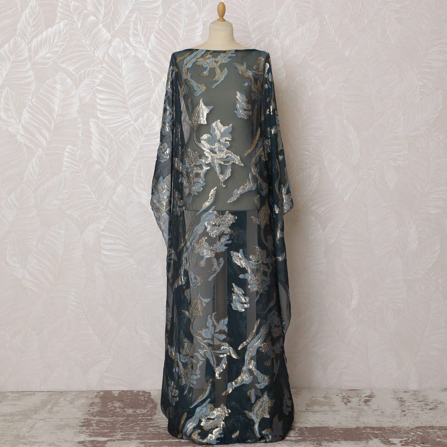 قماش شيفون حرير ديراك صومالي فرنسي (فرنساوي) أنيق باللون الأزرق المخضر مع لوريكس معدني، عرض 140 سم -D19684