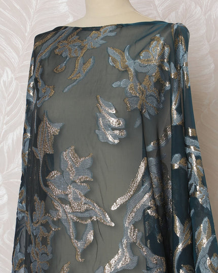 Elegant Teal Floral French (Fransawi) Somali Dirac Silk Chiffon Fabric with Metallic Lurex, 140 cm Width-D19684