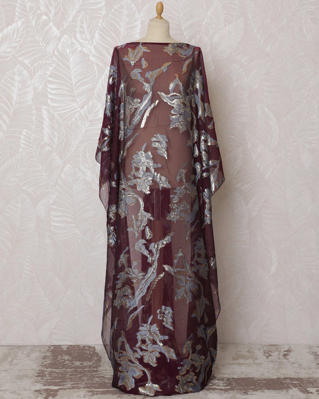 Rich Burgundy Floral French (Fransawi) Somali Dirac Silk Chiffon Fabric with Metallic Lurex, 140 cm Width-D19685