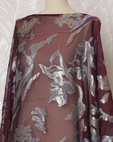 Rich Burgundy Floral French (Fransawi) Somali Dirac Silk Chiffon Fabric with Metallic Lurex, 140 cm Width-D19685