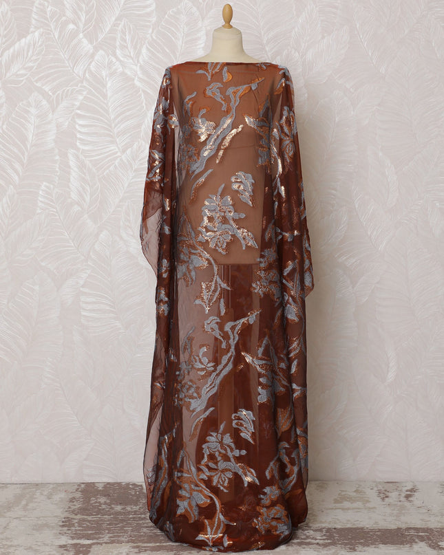 Rich Copper Floral French (Fransawi) Somali Dirac Silk Chiffon Fabric with Metallic Lurex, 140 cm Width-D19686