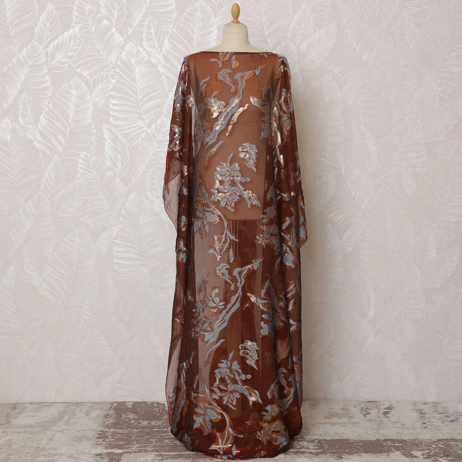 Rich Copper Floral French (Fransawi) Somali Dirac Silk Chiffon Fabric with Metallic Lurex, 140 cm Width-D19686 Regal Fabrics