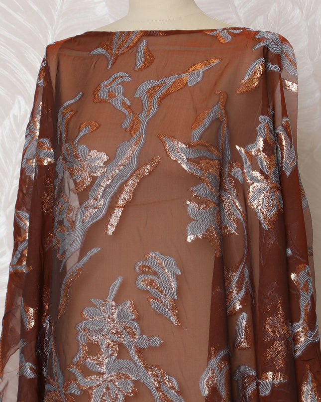 Rich Copper Floral French (Fransawi) Somali Dirac Silk Chiffon Fabric with Metallic Lurex, 140 cm Width-D19686