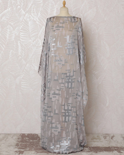 Elegant Silver Grey French (Fransawi) Somali Dirac Silk Chiffon Fabric with Metallic Lurex, 140 cm Width-D19687