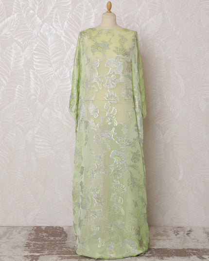 Fresh Lime Green Floral French Silk Chiffon Fabric with Metallic Lurex, 140 cm Width-D19690