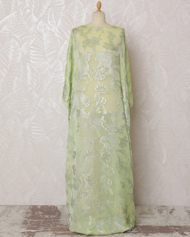 Fresh Lime Green Floral French Silk Chiffon Fabric with Metallic Lurex, 140 cm Width-D19690