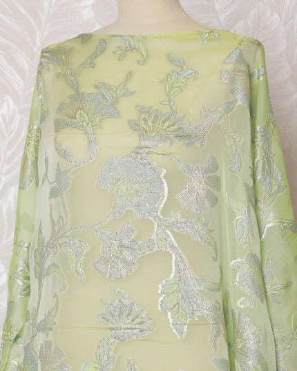 Fresh Lime Green Floral French Silk Chiffon Fabric with Metallic Lurex, 140 cm Width-D19690