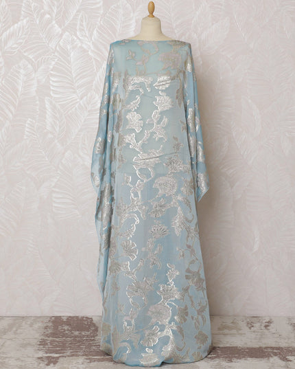 Elegant Sky Blue Floral French Silk Chiffon Fabric with Metallic Lurex, 140 cm Width-D19691