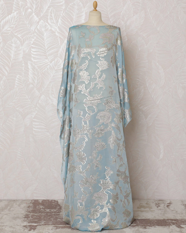 Elegant Sky Blue Floral French Silk Chiffon Fabric with Metallic Lurex, 140 cm Width-D19691