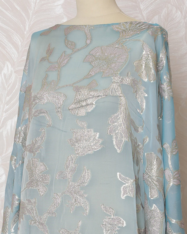 Elegant Sky Blue Floral French Silk Chiffon Fabric with Metallic Lurex, 140 cm Width-D19691