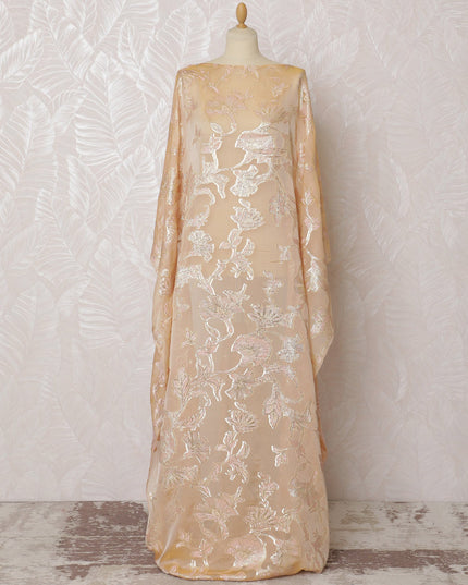 Elegant Peach Floral French Silk Chiffon Fabric with Metallic Lurex, 140 cm Width-D19692