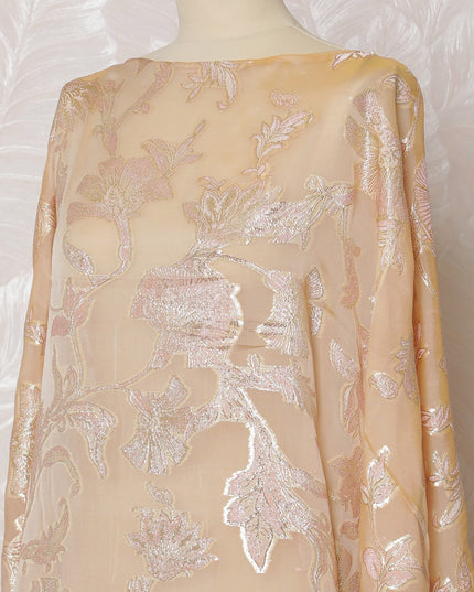 Elegant Peach Floral French Silk Chiffon Fabric with Metallic Lurex, 140 cm Width-D19692