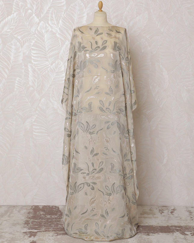 Elegant Beige Floral French Silk Chiffon Fabric with Metallic Lurex, 140 cm Width-D19693