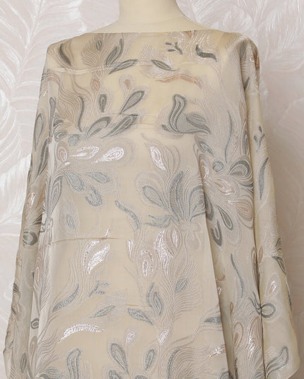 Elegant Beige Floral French Silk Chiffon Fabric with Metallic Lurex, 140 cm Width-D19693