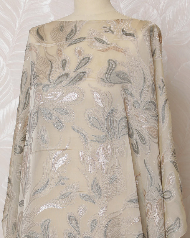 Elegant Beige Floral French Silk Chiffon Fabric with Metallic Lurex, 140 cm Width-D19693