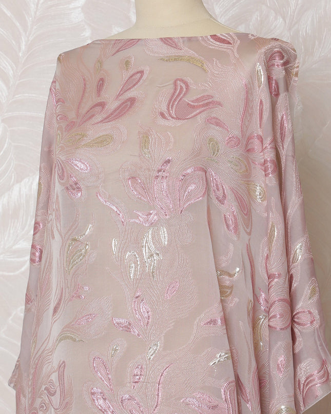 Elegant Blush Pink Floral French Silk Chiffon Fabric with Metallic Lurex, 140 cm Width-D19694