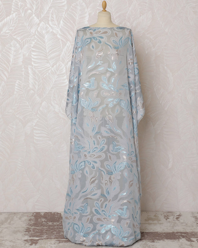 Elegant Ice Blue Floral French Silk Chiffon Fabric with Metallic Lurex, 140 cm Width-D19695