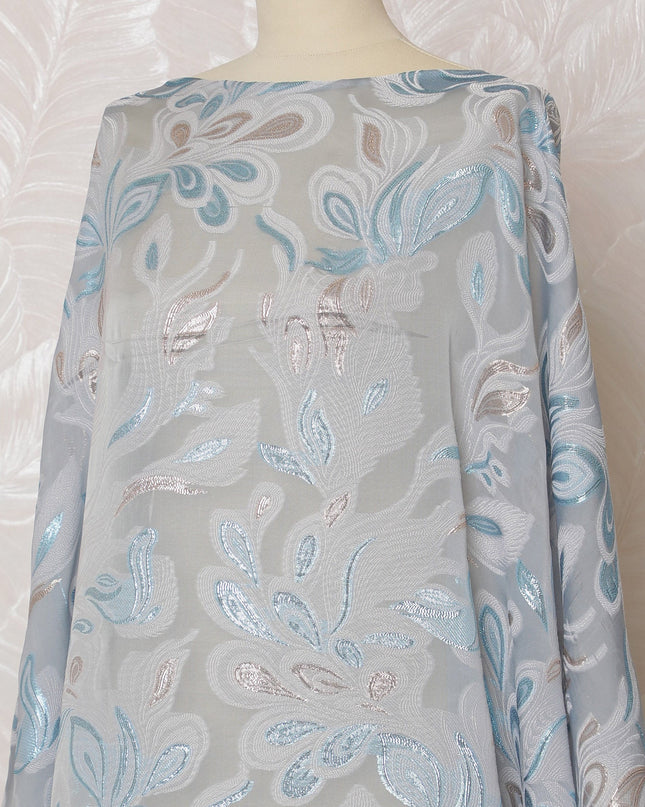 Elegant Ice Blue Floral French Silk Chiffon Fabric with Metallic Lurex, 140 cm Width-D19695