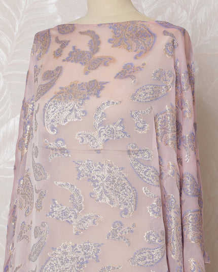 Elegant Lavender Pink Paisley French Silk Chiffon Fabric with Metallic Lurex, 140 cm Width-D19696